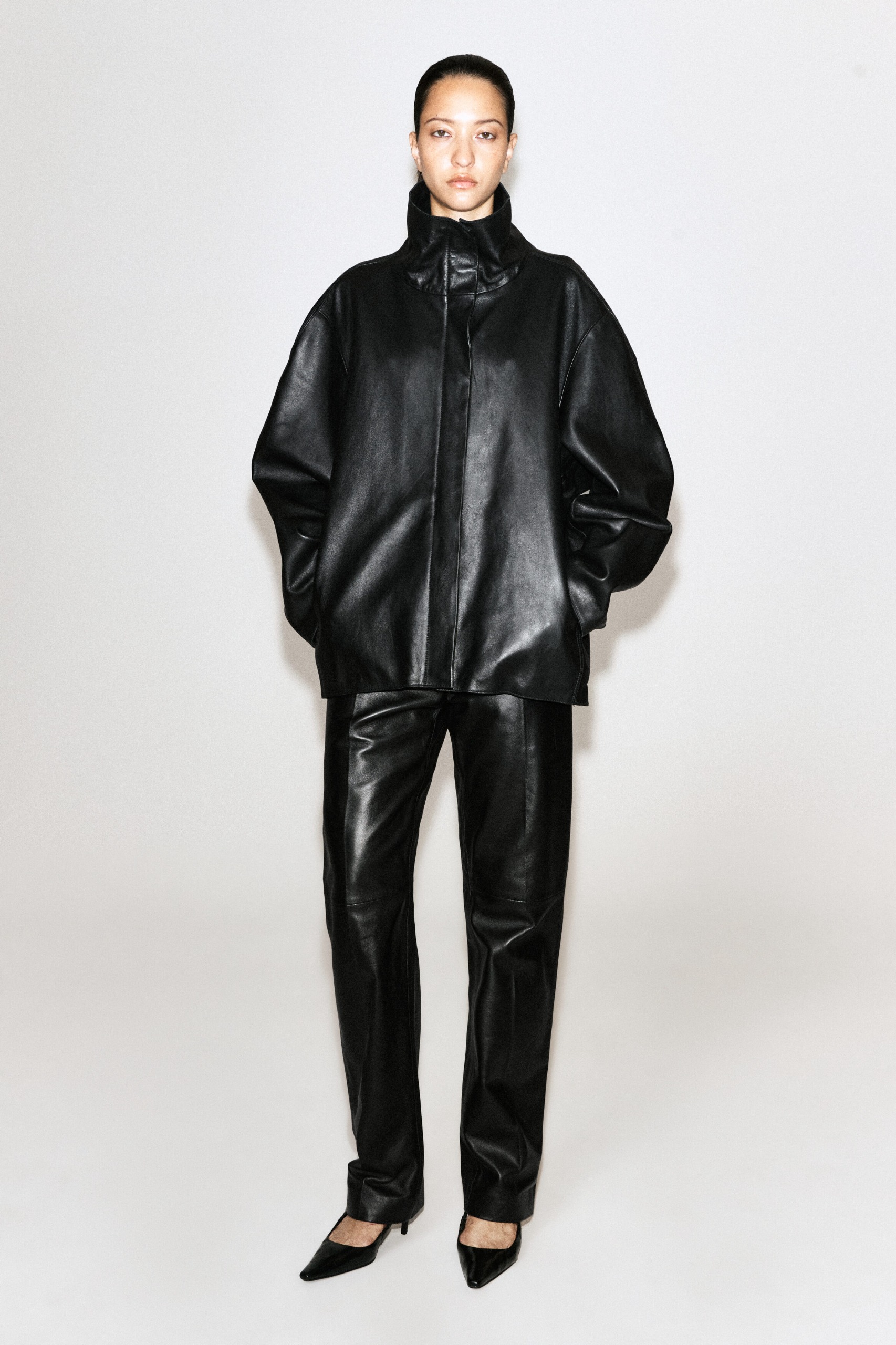 Leather Funnel-Neck Jacket