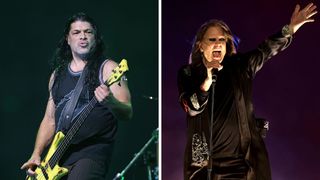 Left-Robert Trujillo of Metallica performs at State Farm Stadium on September 01, 2023 in Glendale, Arizona; Right-Ozzy Osbourne of Black Sabbath performs during the Birmingham 2022 Commonwealth Games Closing Ceremony at Alexander Stadium on August 08, 2022 on the Birmingham, England