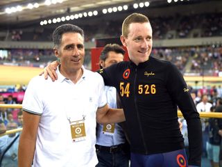 Miguel Indurain and Bradley Wiggins in his UCI Hour Record attempt in 2015