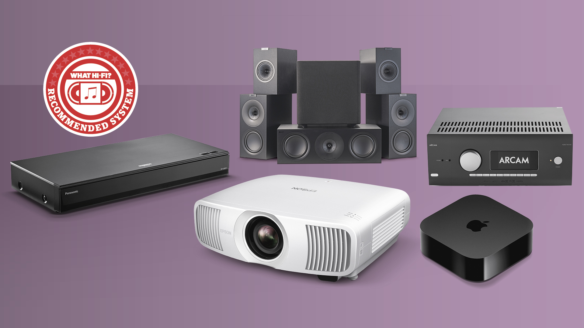 The Panasonic DP-UB820 Blu-ray player, KEF Q Concerto speaker package, Epson EH-LS9000 projector, Apple TV 4K streamer and Arcam AVR5 AV receiver, all arranged against a purple background