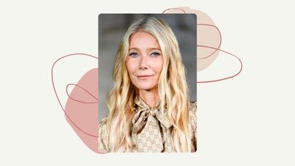 Gwyneth Paltrow is pictured wearing a Gucci blouse and with her hair styled in loose, beachy waves at the Gucci fashion show as part of Spring/Summer 2026 Milan Fashion Week held at Palazzo Mezzanotte on September 23, 2025 in Milan, Italy/ in a cream template with pink dots and swirls.