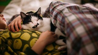 Cat sleeps on boy's chest