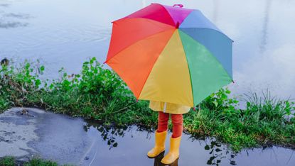 Little girl in yellow rubber boots with a rainbow umbrella standing in a large puddle