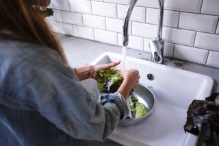 Cropped image of woman washing lettuce at sink in kitchen - stock photo