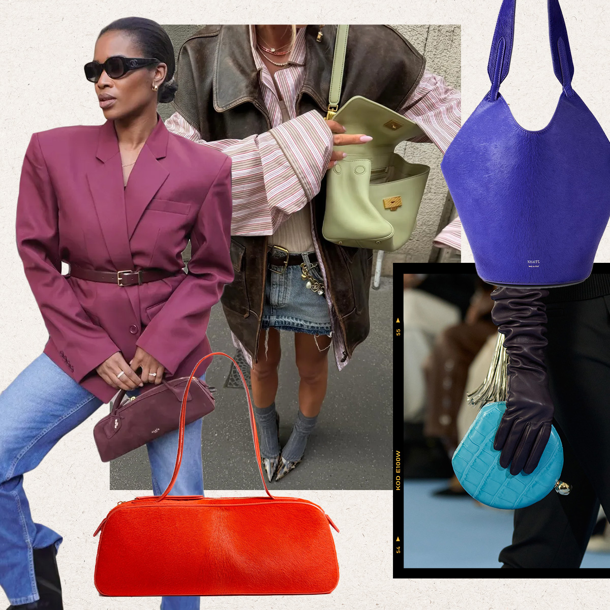 Collage of women, handbags, and runway imagery of the best spring 2026 handbag color trends.