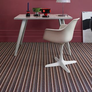 best carpet colour for living room, home office/living room with striped carpet, white desk and chairs