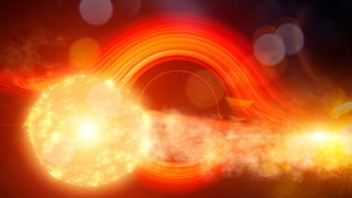 A supermassive black hole partially consumes an orbiting giant star. In this illustration, the gas pulled from the star collides with the black hole's debris disk and causes a flare.