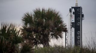 A SpaceX Falcon 9 rocket carrying the Crew-1 Crew Dragon spacecraft Resilience stands atop Pad 39A of NASA's Kennedy Space Center in Florida one day before a planned Nov. 15, 2020 launch.
