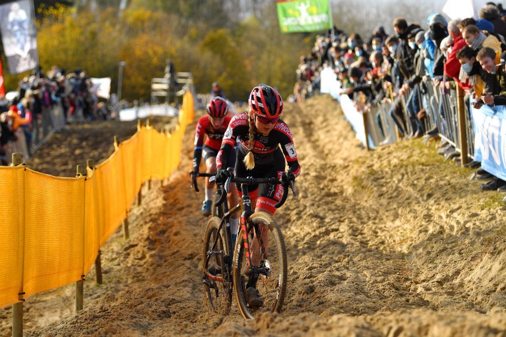 KOKSIJDE BELGIUM NOVEMBER 21 Denise Betsema of The Netherlands and Team Pauwels Sauzen Bingoal competes during the 50th Koksijde UCI CycloCross Worldcup 2021 Womens Elite CXWorldCup on November 21 2021 in Koksijde Belgium Photo by Luc ClaessenGetty Images