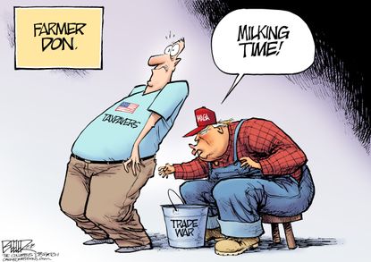 Political cartoon U.S. Trump trade war farm bailout taxpayers