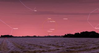 June 2024 night sky map showing the moon sitting above both Mercury and Jupiter.
