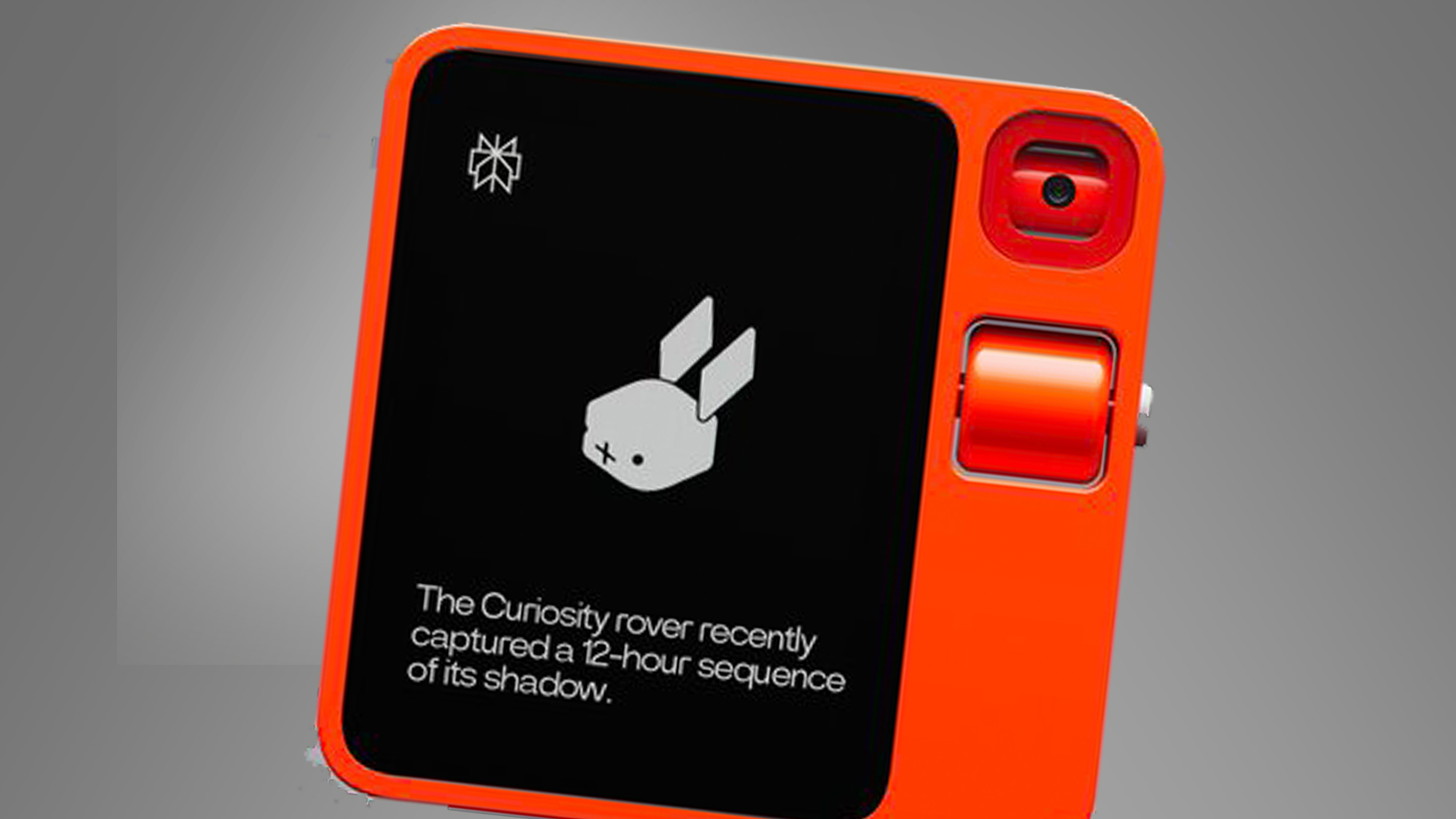 The Rabbit R1 on a grey background showing Perplexity search