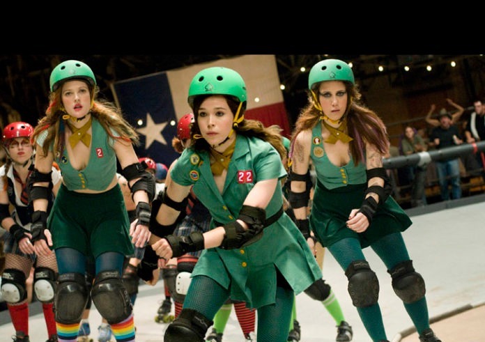 Drew Barrymore, Elliot Page, and Kristen Wiig roller blading in 'Whip It'