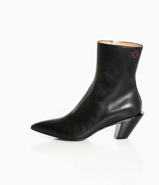 Black leather wedged heel boot