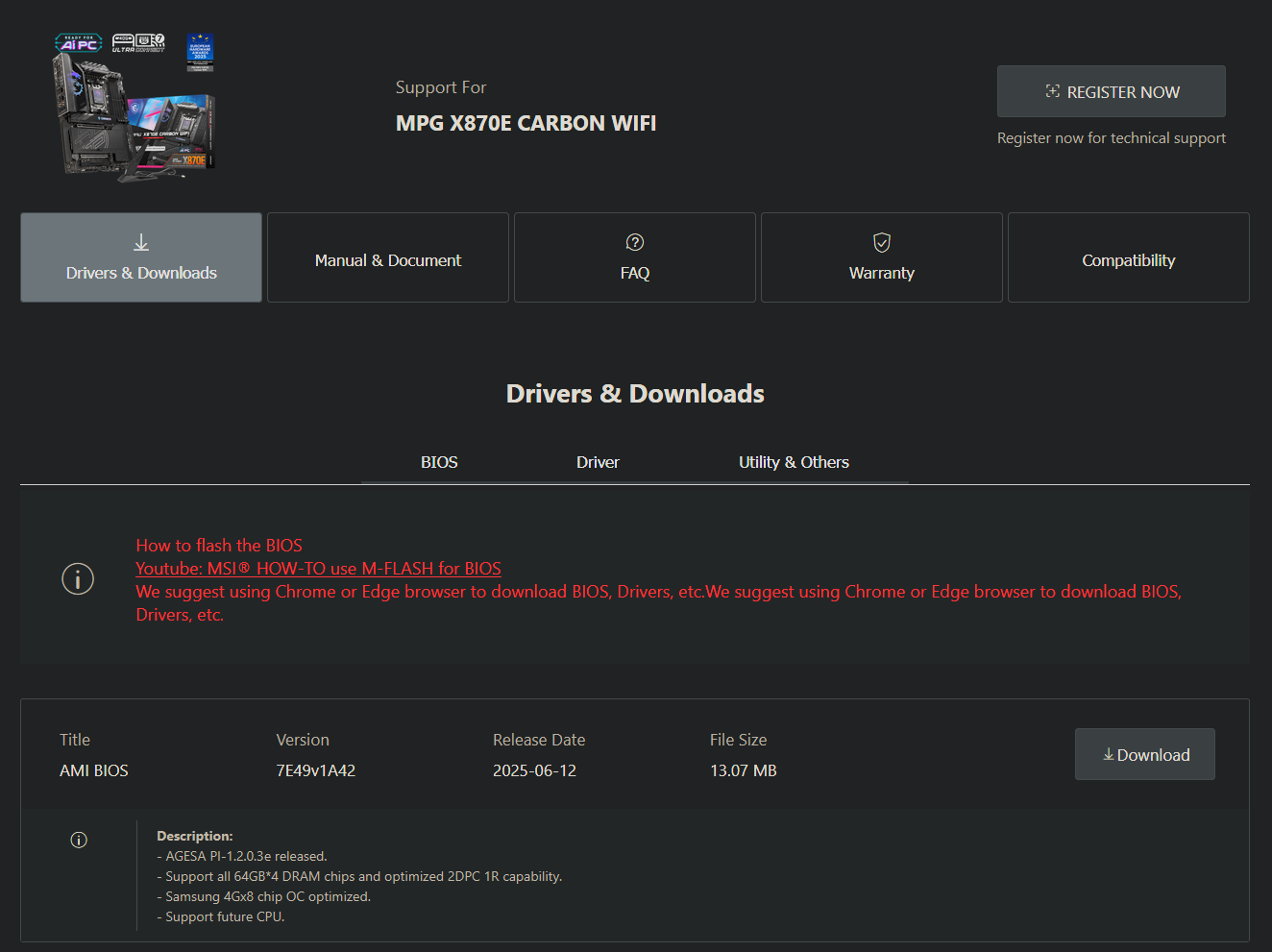 MSI X870E Carbon WiFi AGESA 1.2.0.3e BIOS