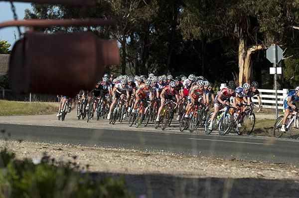 The peloton in action during the 69 kilometre eighth stage between Lakes Entrance and Metung.