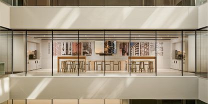 PLP Architecture's circular office design in neutral colours and soft light, showing empty workspace and timber seating and desks