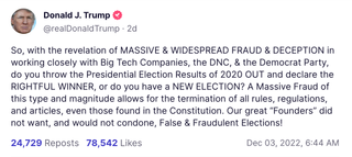 So, with the revelation of MASSIVE & WIDESPREAD FRAUD & DECEPTION in working closely with Big Tech Companies, the DNC, & the Democrat Party, do you throw the Presidential Election Results of 2020 OUT and declare the RIGHTFUL WINNER, or do you have a NEW E