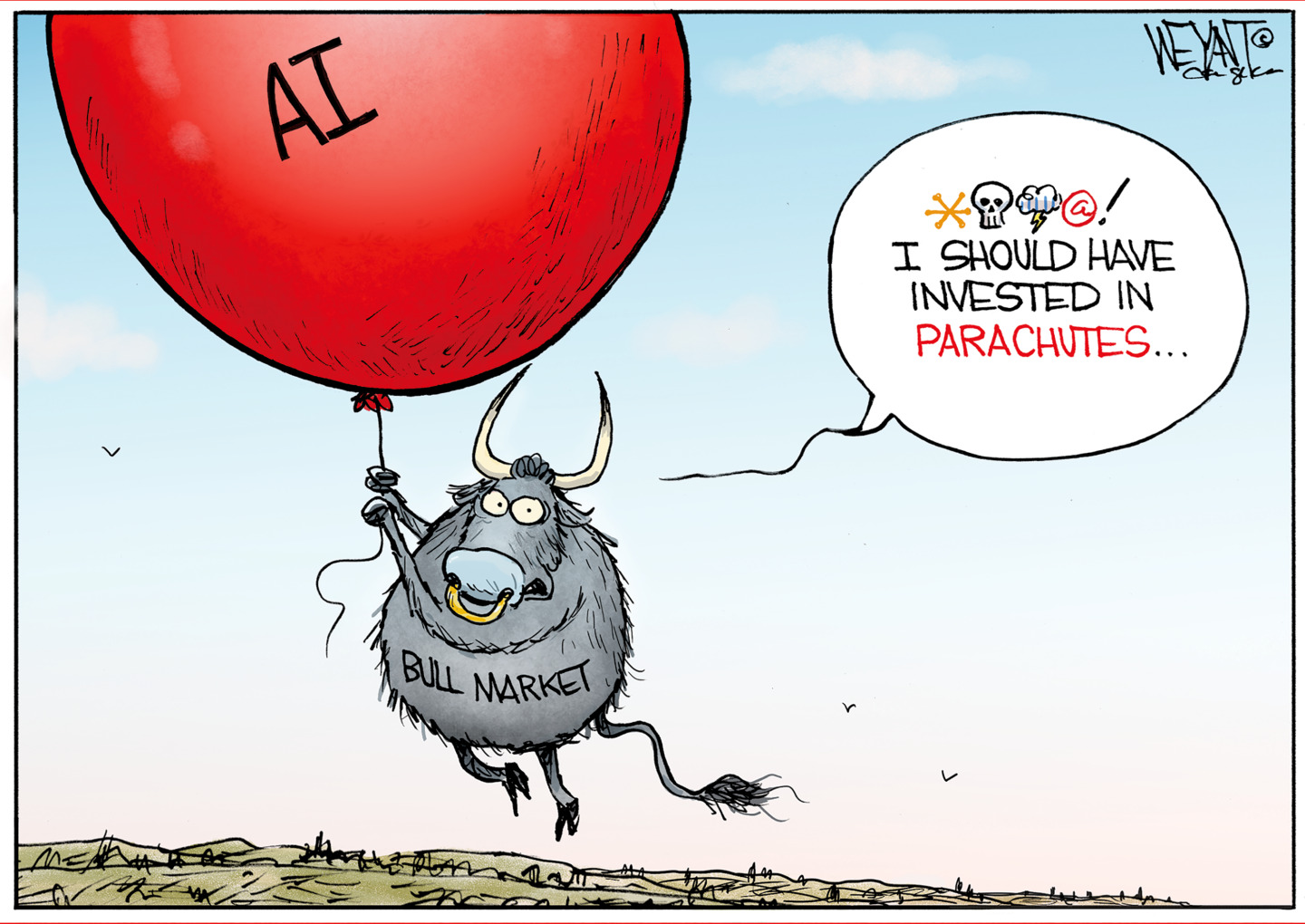 A bull labeled &amp;ldquo;Bull Market&amp;rdquo; holds onto a large balloon labeled &amp;ldquo;AI&amp;rdquo; that is floating high over the landscape. It says, &amp;ldquo;Damn! I should have invested in parachutes&amp;hellip;&amp;rdquo;