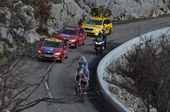Mountains leader Johann Tschopp (IAM Cycling) driving the break, which has been reduced from 11 to six riders.