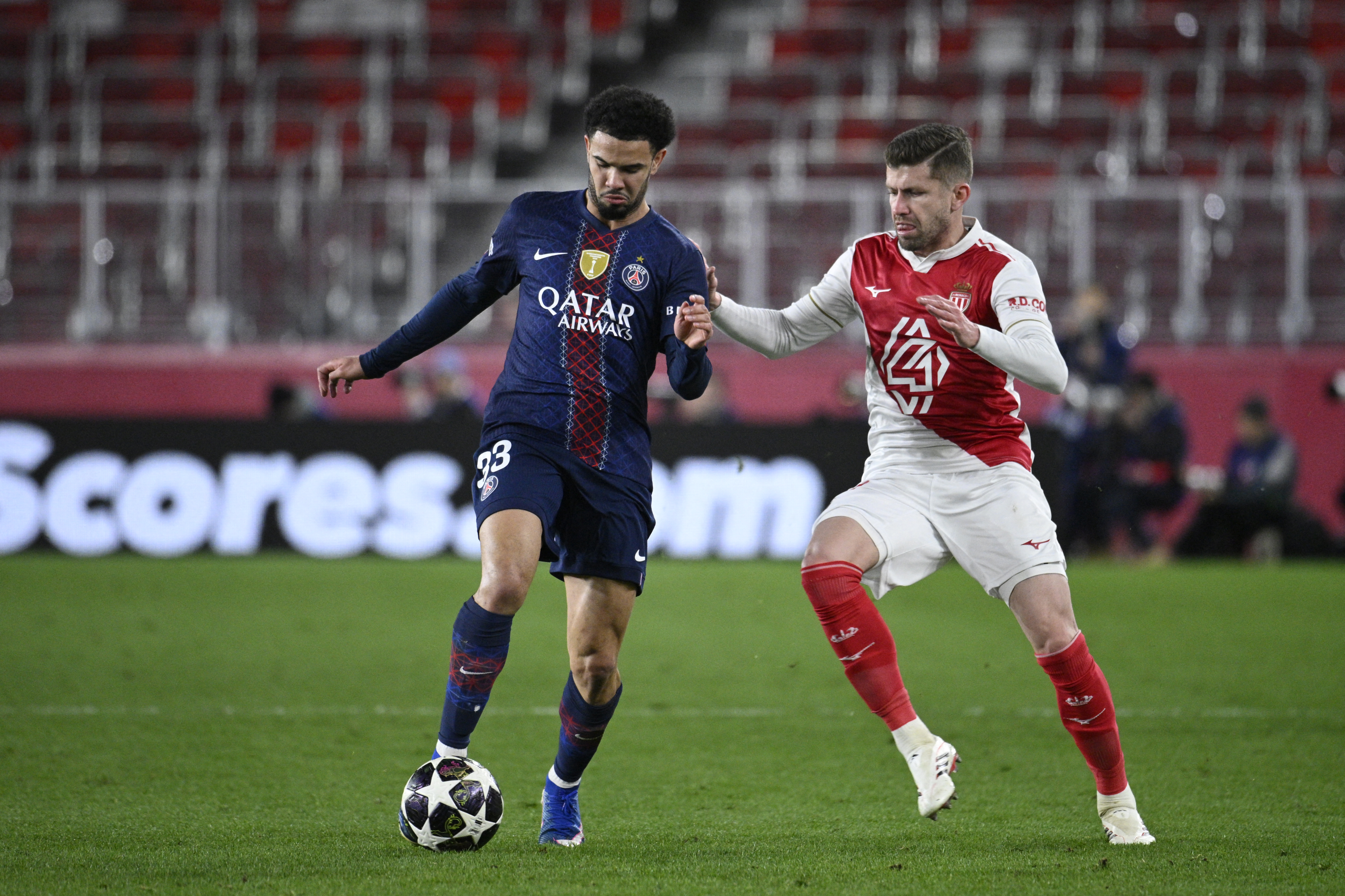 Warren Zaire-Emery carries the ball in PSG's play-off first leg victory against Monaco