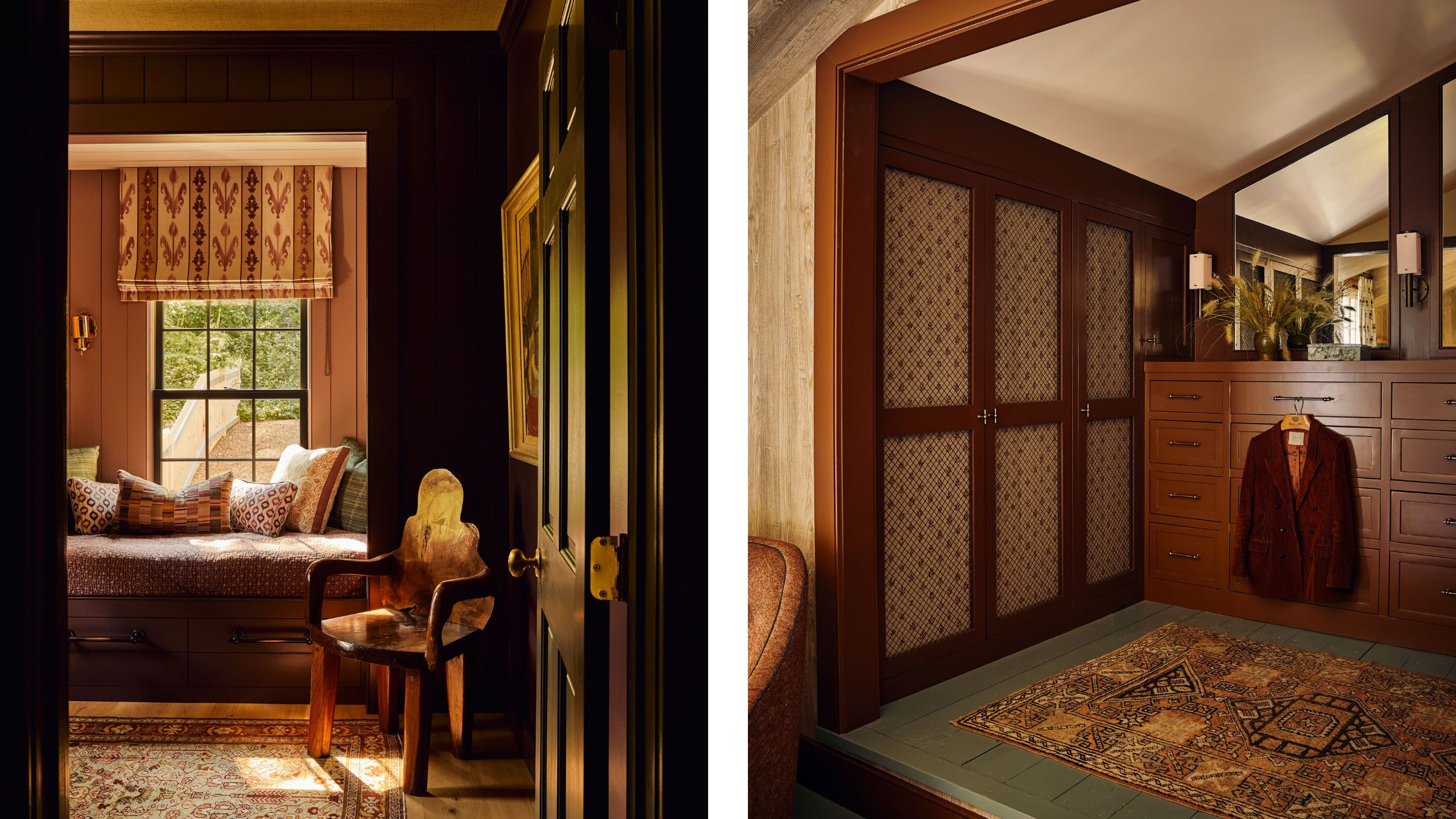 two side by side images - on the left a dark purple bedroom nook and the right a walk in closet with sloped ceiling and custom cabinetry