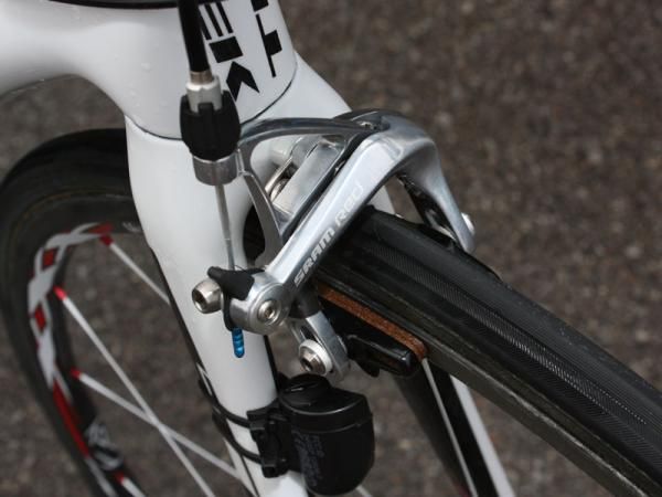 Bontrager carbon-specific cork pads are fitted to SRAM Red brake calipers.