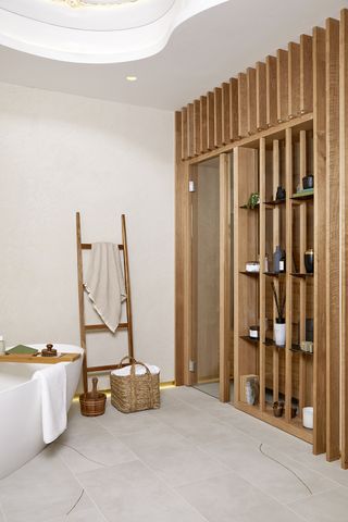 bathroom ideas with wooden slatted shelving