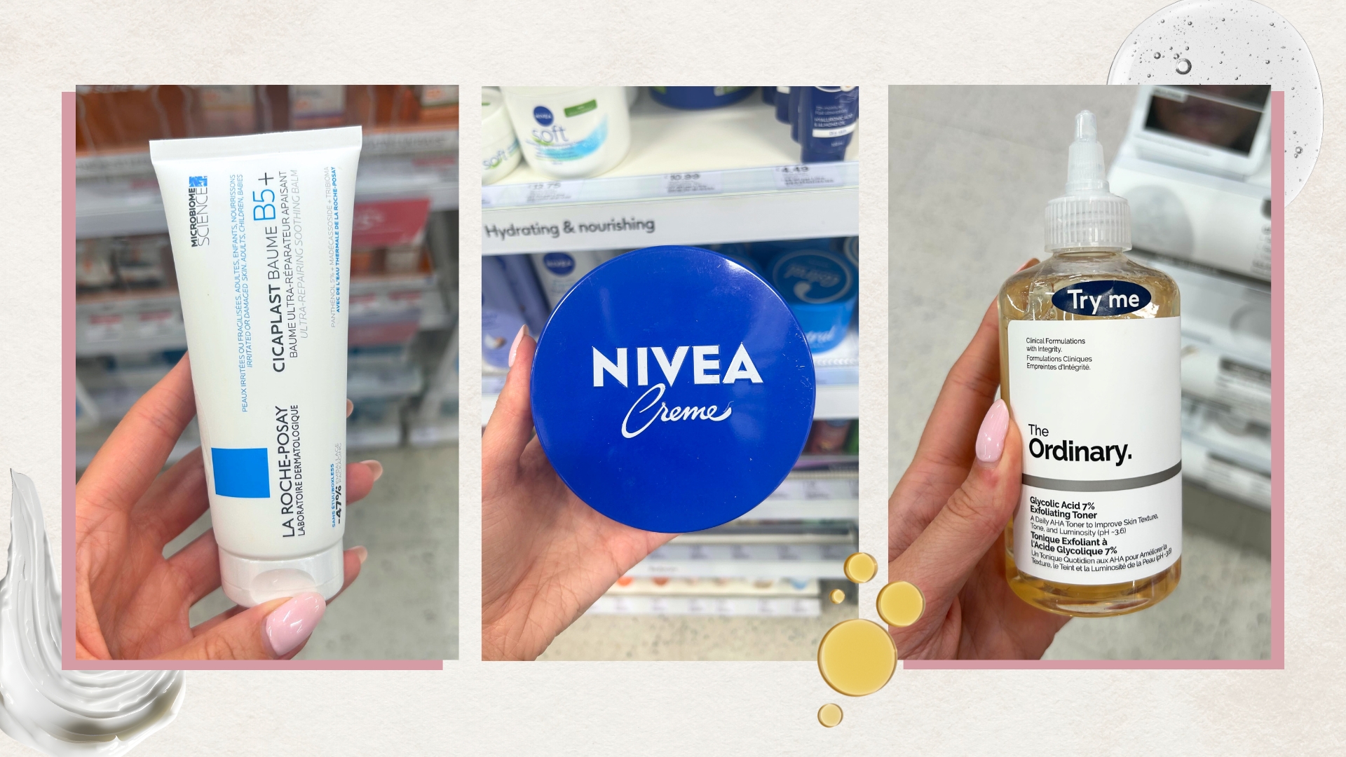 Collage of unsexy beauty buys at Boots (L-R) from La Roche-Posay, Nivea and The Ordinary, on a beige background with cream, oil and serum swatches