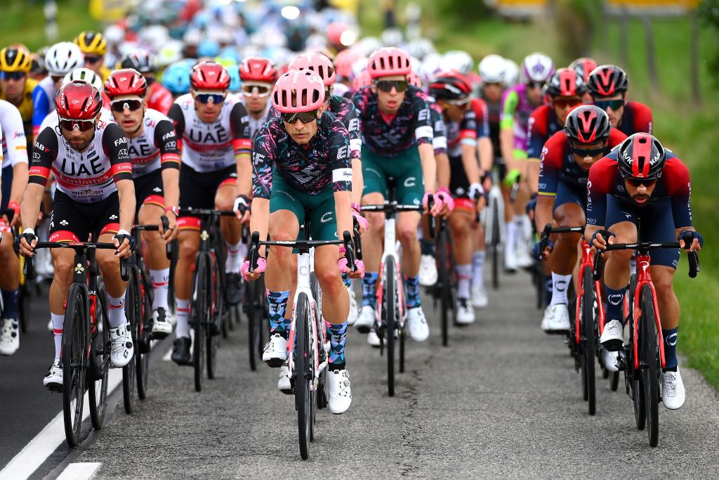 BALATONFURED HUNGARY MAY 08 LR Diego Ulissi of Italy and UAE Team Emirates Magnus Cort Nielsen of Denmark and Team EF Education Easypost and Nicolas Jonathan Castroviejo of Spain and Team INEOS Grenadiers compete during the 105th Giro dItalia 2022 Stage 3 a 201km stage from Kaposvr to Balatonfred Giro WorldTour on May 08 2022 in Balatonfured Hungary Photo by Tim de WaeleGetty Images