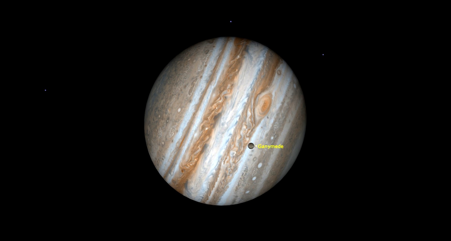 A close up of Jupiter in space with its labeled moon Ganymede