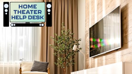 A wall-mounted TV in a living room reflecting a sharp beam of sunlight coming through a window in the background. In the top-left corner is a TV-shaped icon that reads: "Home Theater Help Desk".