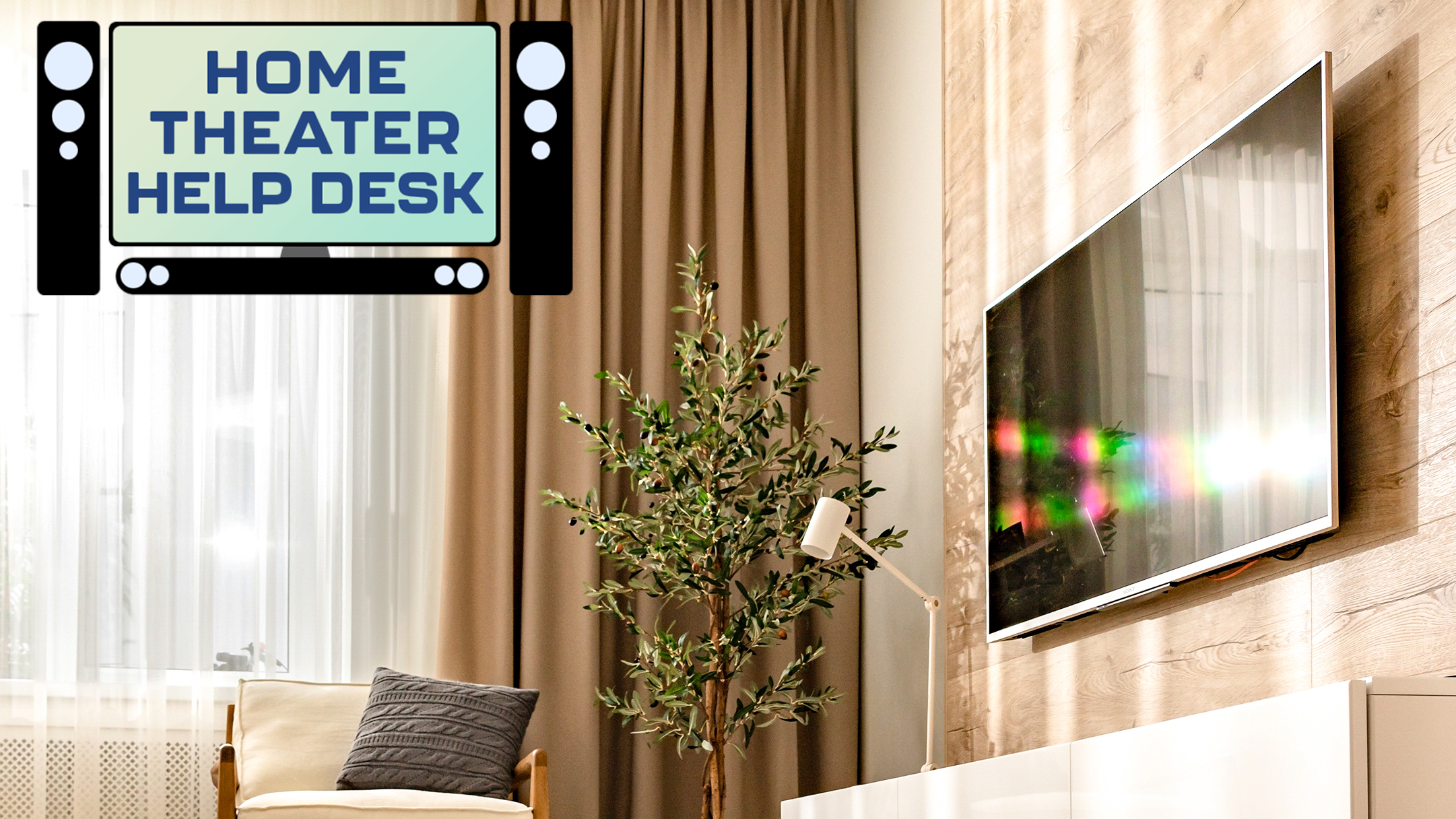 A wall-mounted TV in a living room reflecting a sharp beam of sunlight coming through a window in the background. In the top-left corner is a TV-shaped icon that reads: "Home Theater Help Desk".