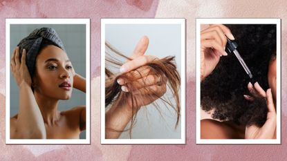On the left. a woman is pictured with her hair wrapped up in a towel alongside a closeup of a woman holding strands of her hair in her hand and finally a picture of a woman applying serum to her curls/ in a pink and purple watercolour 3-picture template