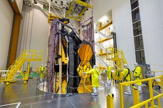 The James Webb Space Telescope is installed atop its Ariane 5 rocket and awaiting payload fairing encapsulation ahead of its planned launch on Dec. 25, 2021 from the Guiana Space Center in Kourou, French Guiana.