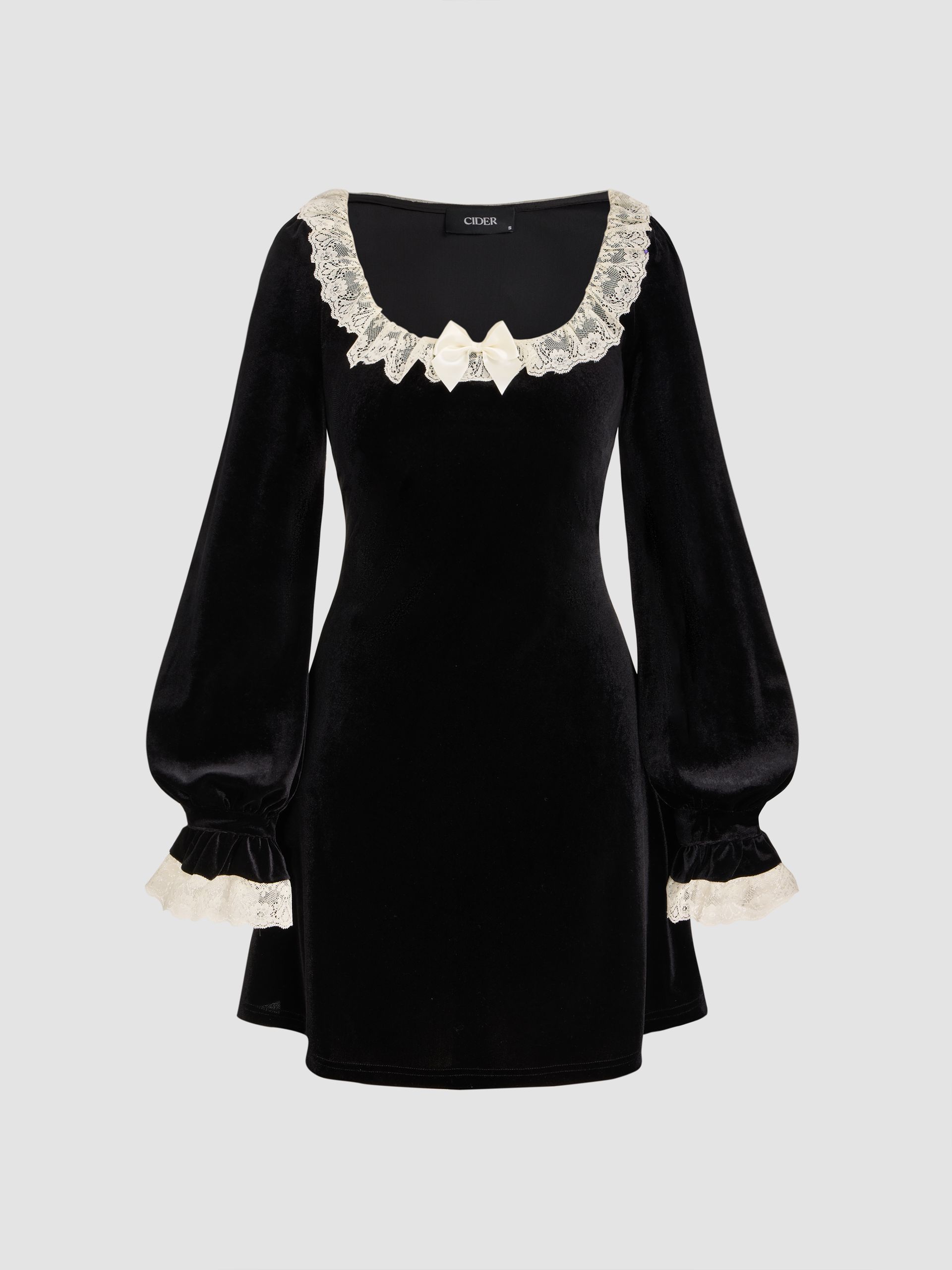 Velvet Scoop Neck Lace Bowknot Mini Dress