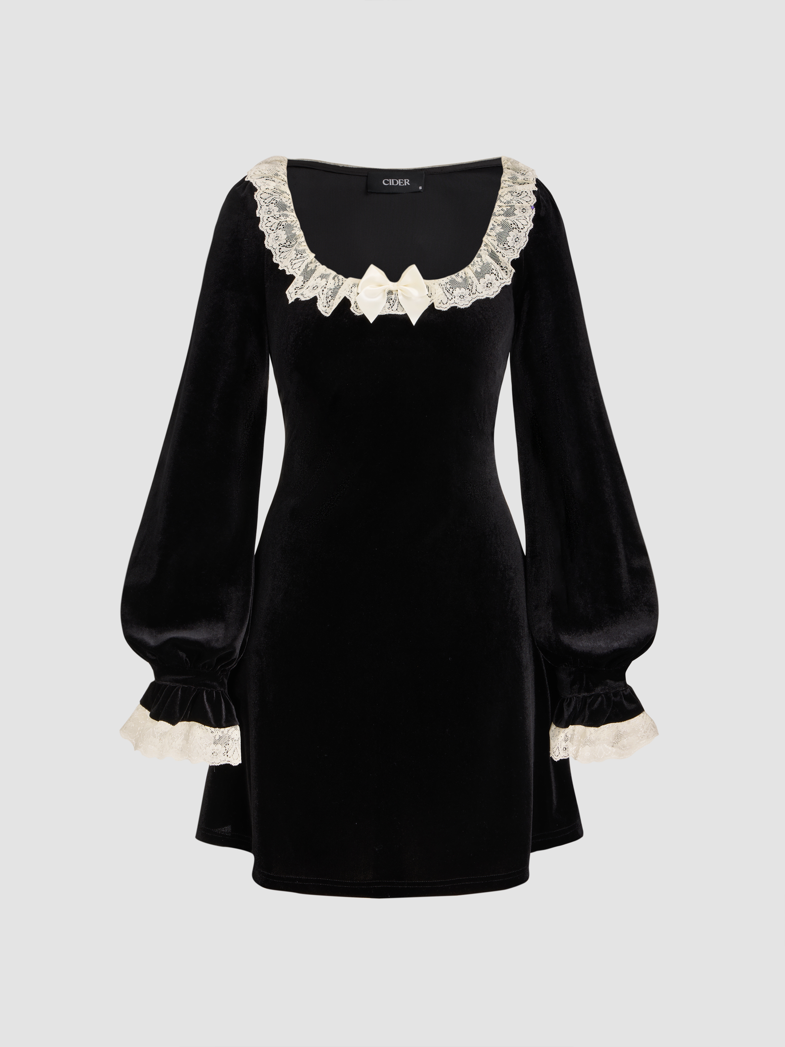 Velvet Scoop Neck Lace Bowknot Mini Dress