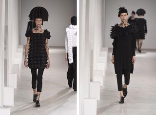 Image one - woman with black trousers and a black 3D spiked dress with a black hat. Image two - woman in black trousers and top with 3D spike effect collar