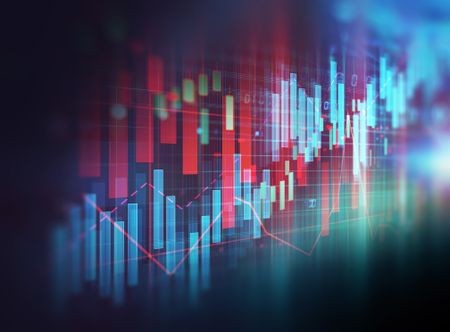 closeup of stock market chart with red, green and blue bars