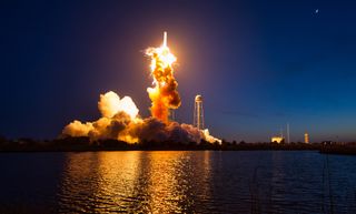 An Orbital ATK Antares rocket carrying a Cygnus spacecraft suffers explodes moments after launching from the Mid-Atlantic Regional Spaceport Pad 0A on Oct. 28, 2014 at NASA's Wallops Flight Facility on Wallops Island, Virginia.