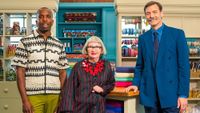 The Great British Sewing Bee series 10 hosts Kiell Smith-Bynoe, Esme Young and Patrick Grant.