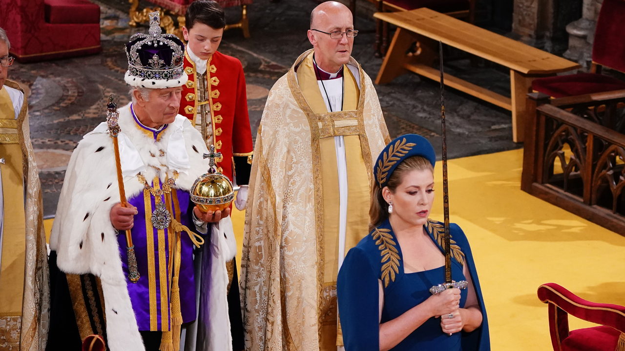 Penny Mordaunt holds the Sword of State during King Charles III&#039;s coronation ceremony