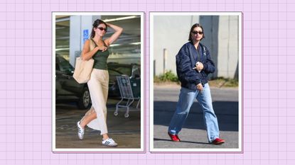 Kendall Jenner and Hailey Bieber both pictured wearing Adidas Sambas sneakers in a purple, two picture template