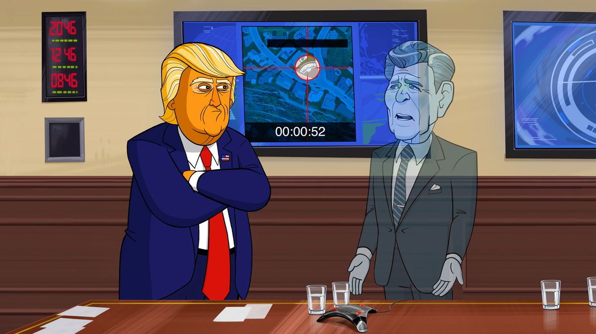 Cartoon President Donald J. Trump talks to Cartoon Ronald Reagan on Showtime&#039;s Our Cartoon President