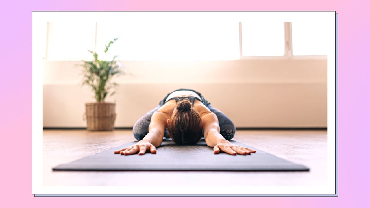 A woman, wearing gym clothes, working out on a grey yoga mat/ in a pink and purple template