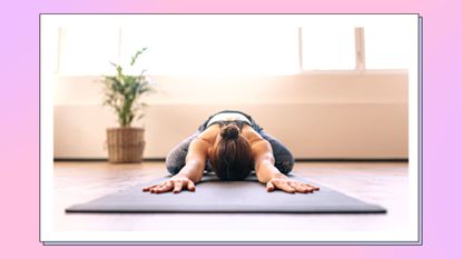 A woman, wearing gym clothes, working out on a grey yoga mat/ in a pink and purple template