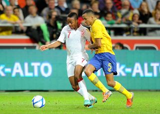 Raheem Sterling battling for the ball during his England debut at the Friends Arena in Stockholm in November 2012.