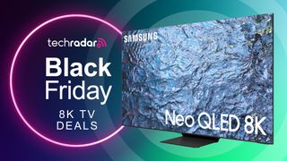 The Samsung QN900C 8K TV by a sign saying Black Friday 8K TV deals