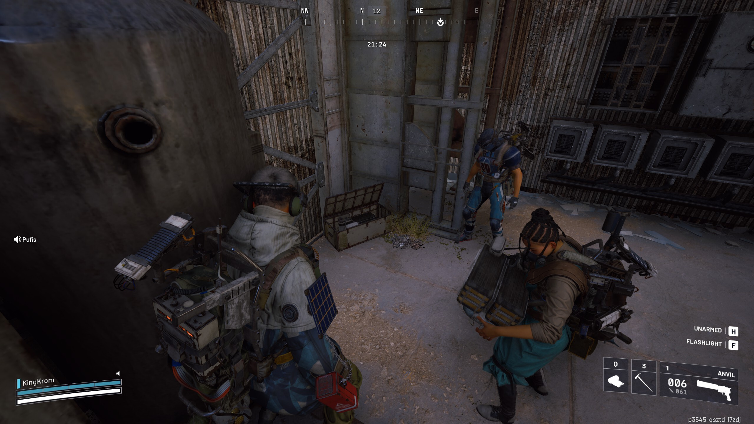 Arc Raiders Worth Your Salt: A player looking at an open box in the corner of a room, with two other players stood nearby.