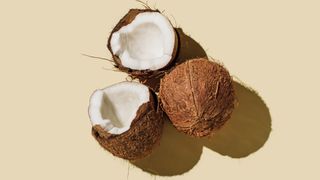 Collection of two coconuts, one open and cut in half and one whole